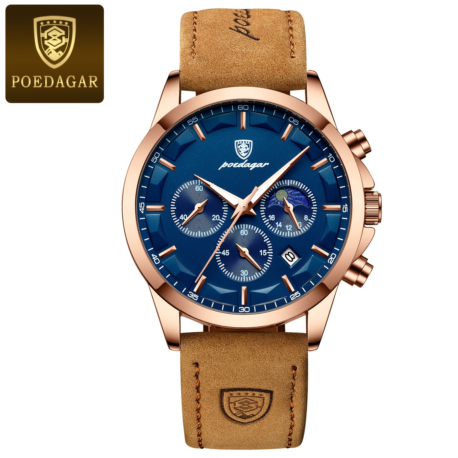 Image of Poedagar Business Retro Men's Watch Chronograph Waterproof Calendar Men's Wristwatch 24-hour Day Night Display Quartz Men's Watches
