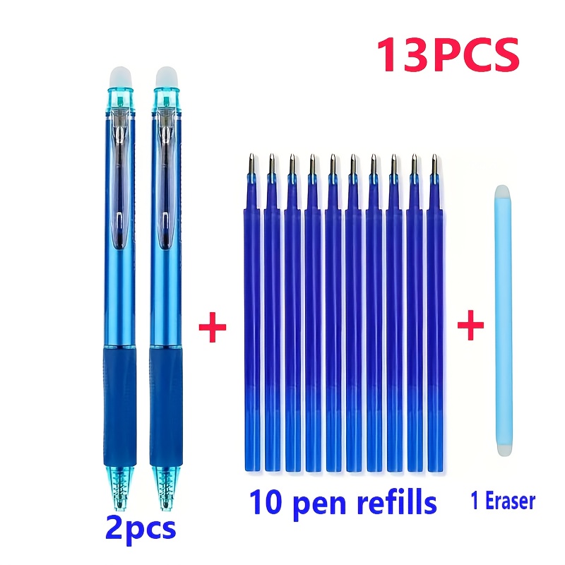 Image of 13pcs/set Gel Pen Black Blue Ink Press Retractable Erasable Pen, Comfortable Grip Magic Erasable Neutral Pen, Office School Stationery (2 Pens + 10 Refills + 1 Eraser
