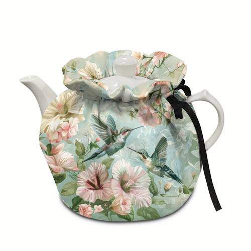 hummingbird floral print teapot cover polyester insulated kettle dust protector for kitchen and dining decor