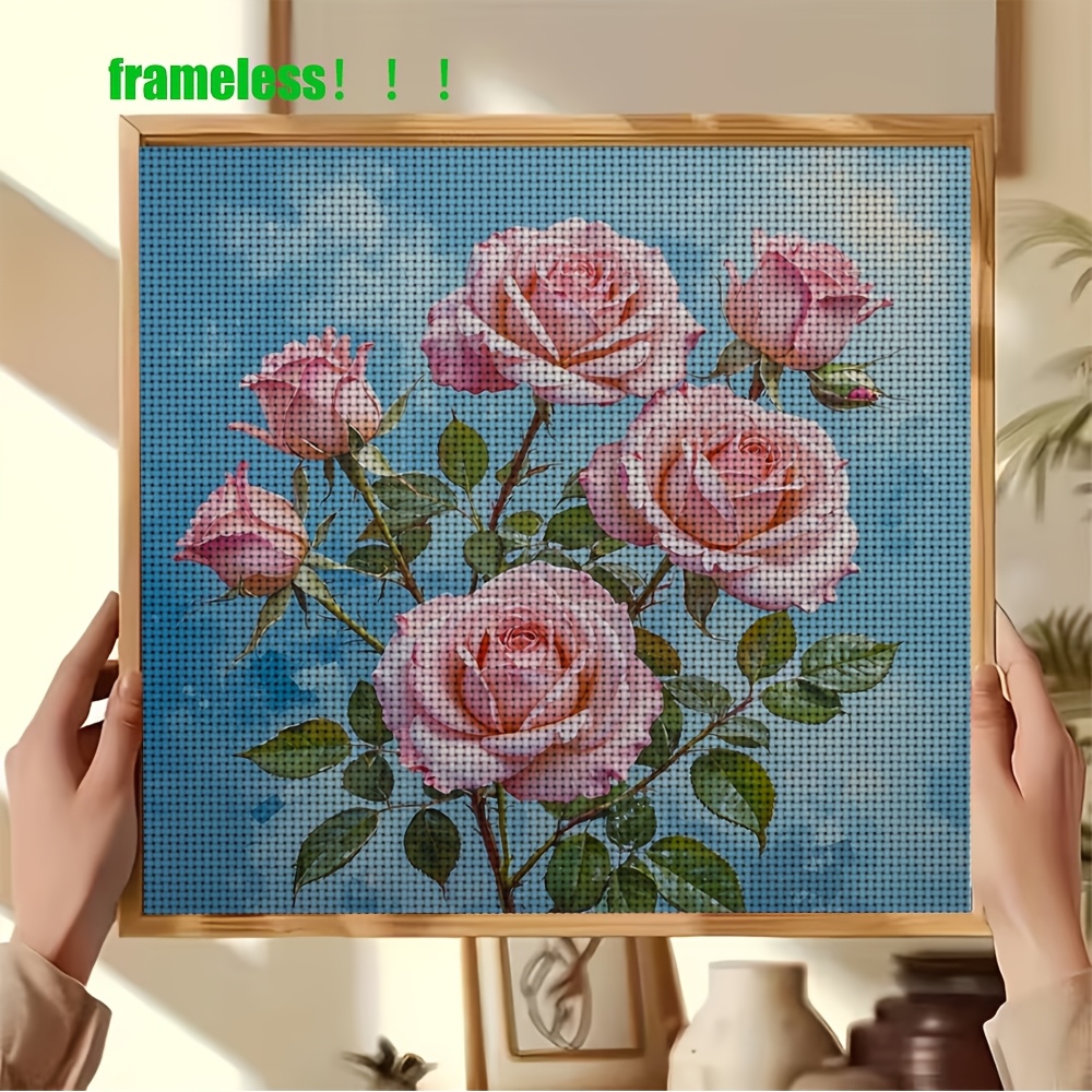 DIY Cross-Stitch Printed Kit, Blue Background with Pink Roses