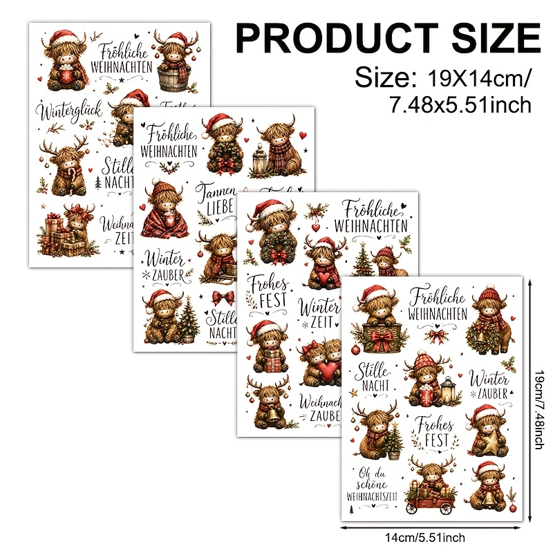 TEMU 4 Stk. Hochlandrind Weihnachten Vinyl UV-DTF-Transferpapier, Tasse nicht enthalten, nur Transferpapier. Geeignet für DIY-Bastelarbeiten, Tassen,