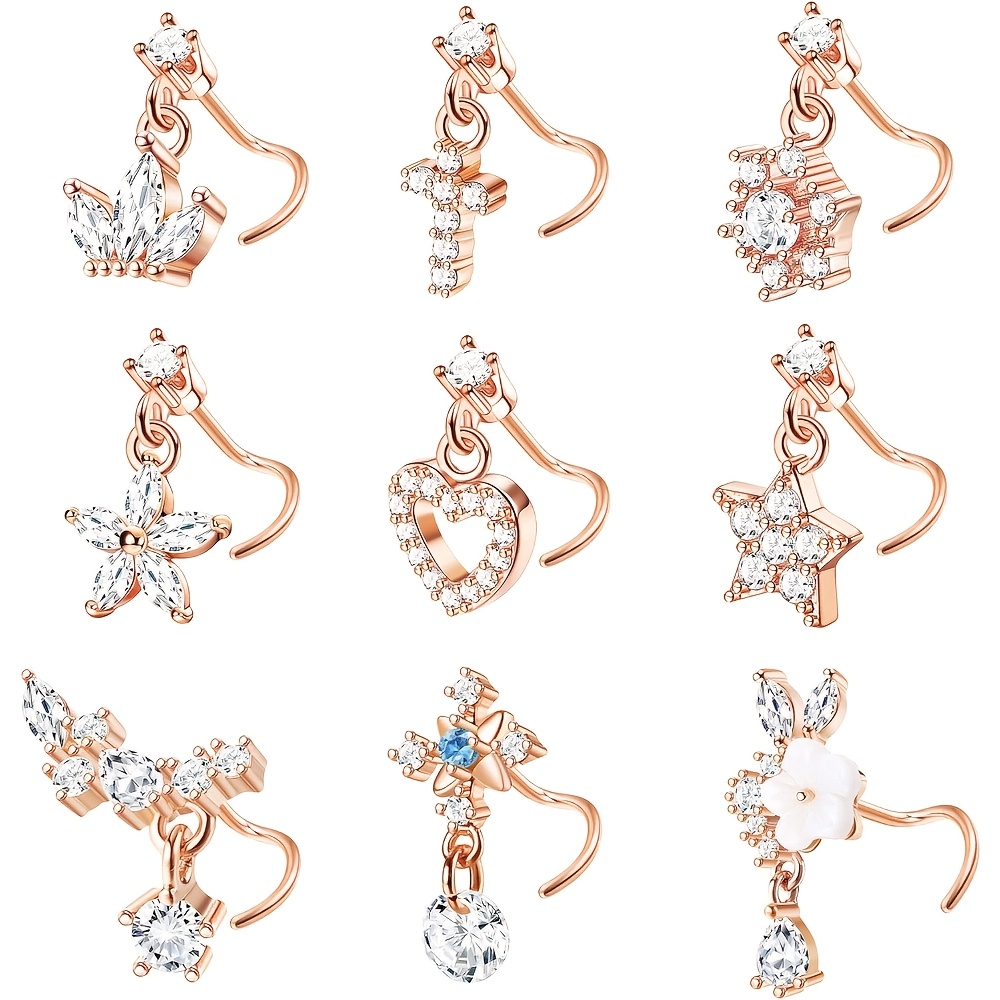 Image of 9pcs Dangle Nose Rings L Shaped For Women Stainless Steel Nose Ring Studs With Synthetic Zirconia Cross Crown Dangling Piercing Jewelry