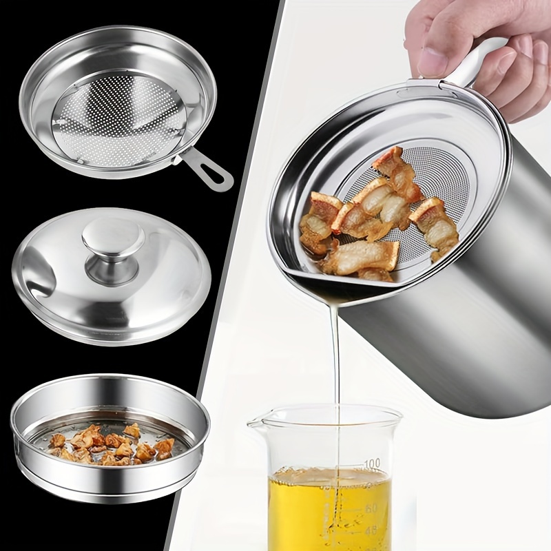 

Oil Strainer Pot 1.8l Stainless Steel Oil Storage Can With Strainer And Dust-proof Lid Reusable Wide Mouth Oil Filter Pot