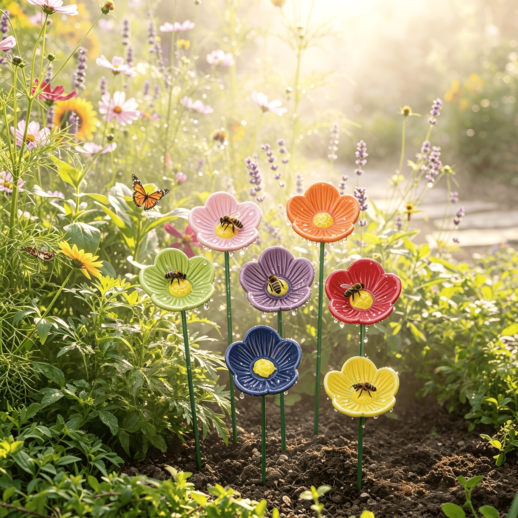 7pcs Flower Bee Feeders, Ceramic Material, Garden Decoration