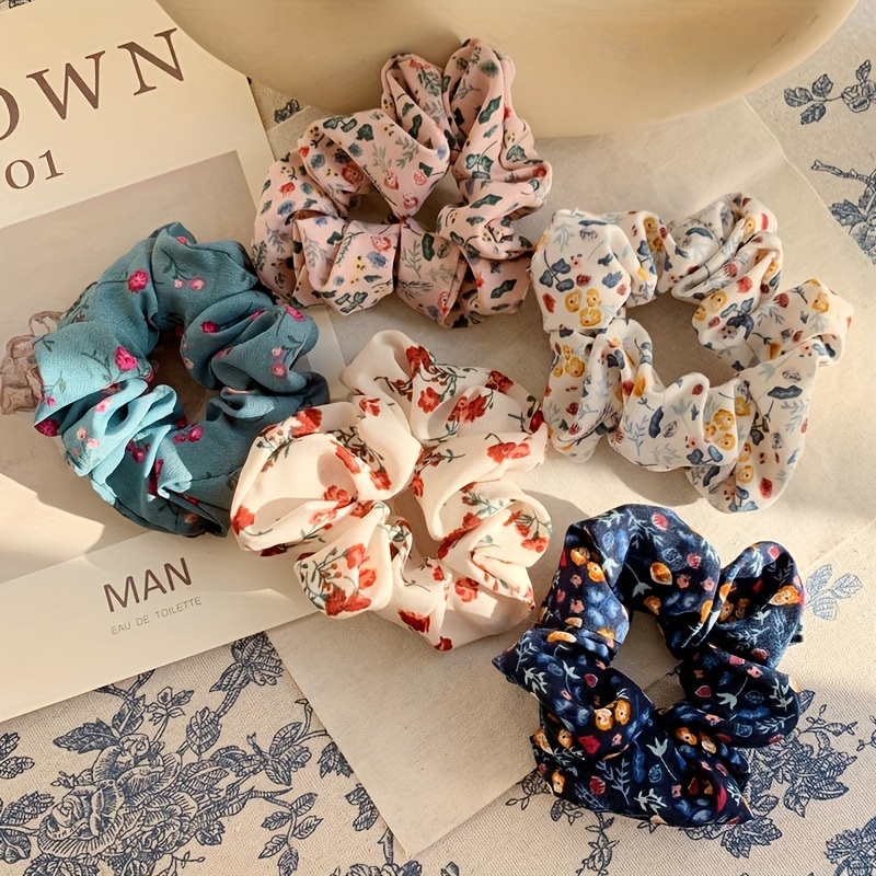 Image of 5pcs Floral Print Ponytail Holders, Bohemian Style Elastic Hair Ties, Large Fabric Pig Tail Hair Scrunchies, Hair Accessories