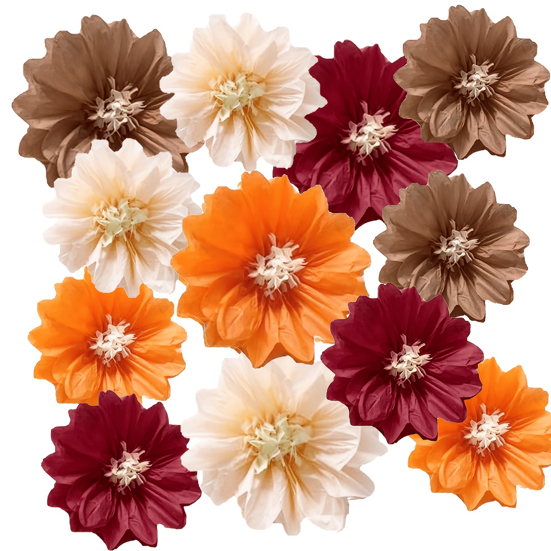 TEMU 12 Flores de Papel de Cartón de Otoño - Flores de Papel Arrugado Bohemio Naranja Borgoña para Acción de Gracias, Ideales para Fiestas de , , ,