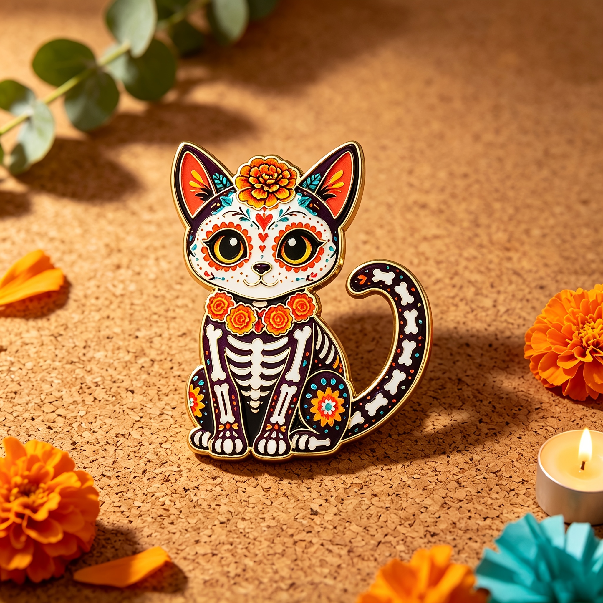 TEMU 1 pièce Épingle de revers broche SOLEVDO Dia de Los Muertos - Motif en sucre mexicaine & Main de squelette/Chat/Bougie/Couronne, convient pour