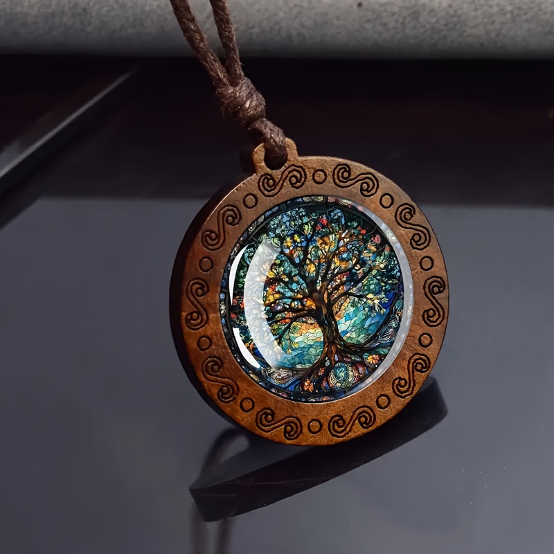 

1 Stylish Elegant Tree Of Life Pattern Wooden Round Glass Necklace Romantic Gift Jewelry