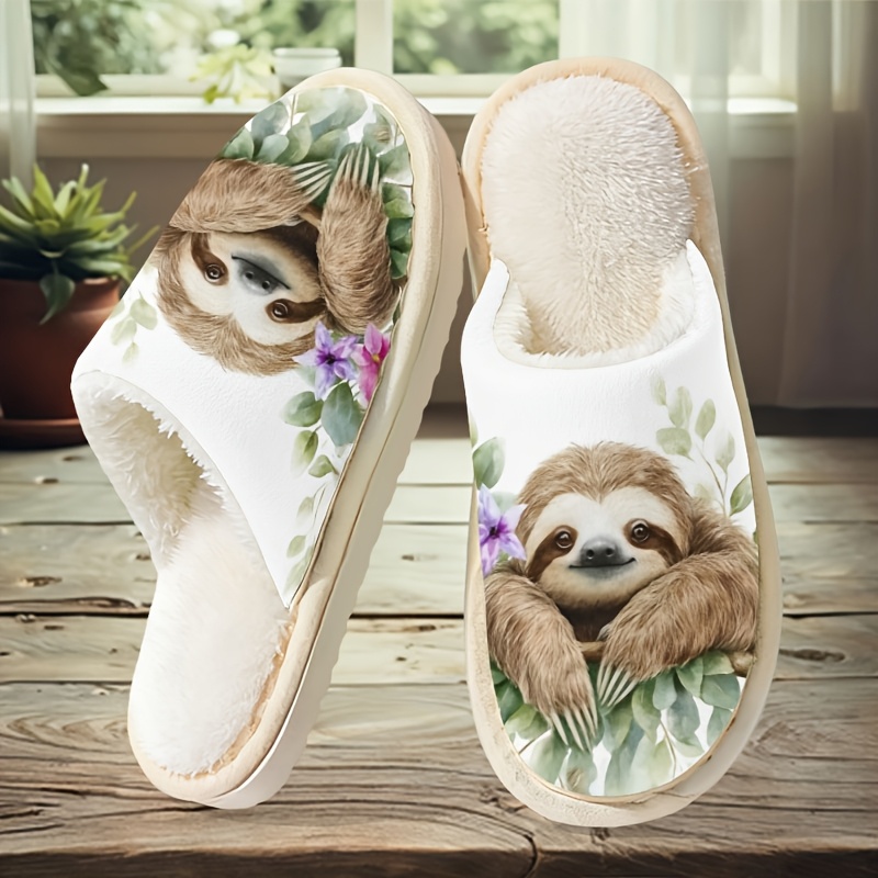 TEMU Cute Sloth Slippers Suitable For , Unisex Couple House With Sole & Insole, Soft Warm Winter Indoor Footwear, Adorable Sloth & /purple Flower
