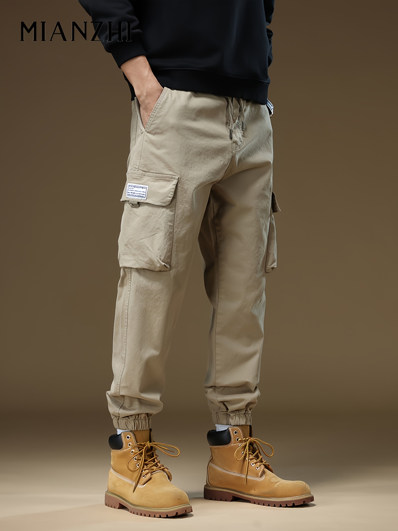   Men S Cargo Pants - Beige/Tan Relaxed   Pants with Multiple Utility Pockets, Drawstring Waist, Non-Stretch Fabric for Everyday & Professional Use - Spring/Fall Casual Trousers for Men & Teens,   Attire, Solid  , Durable Construction, Outdoor Activities,  , Sturdy Material, Teen Clothing