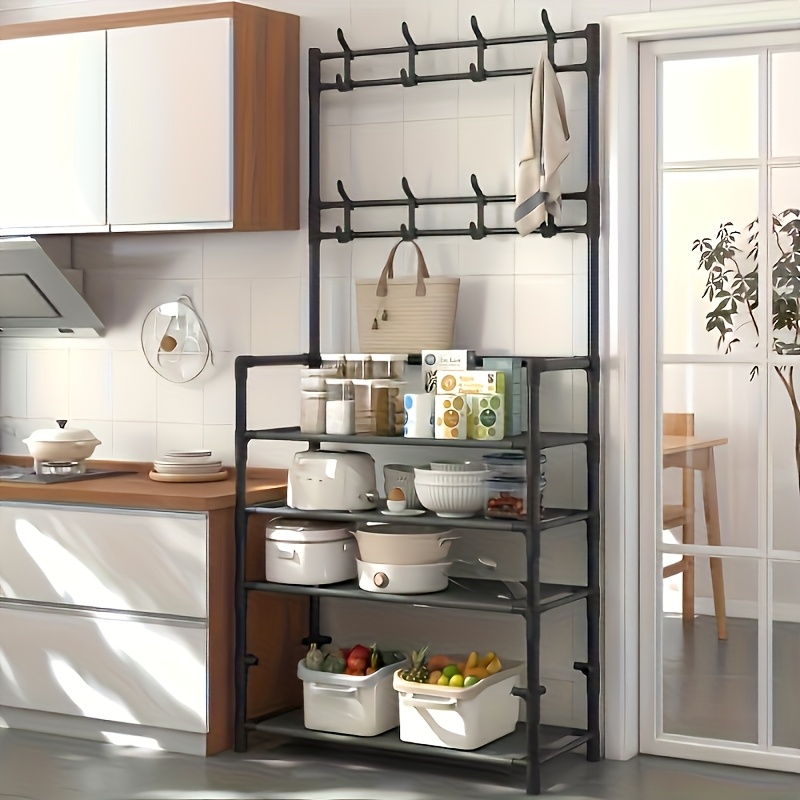 4-5 Tier Hallway Organizer with 8 Hooks - Space-Saving, Easy to Assemble, Durable Design for Entryways And Bedrooms, Minimalist Style - Black/White, Perfect for Entryway Storage, Freestanding Shoe Rack