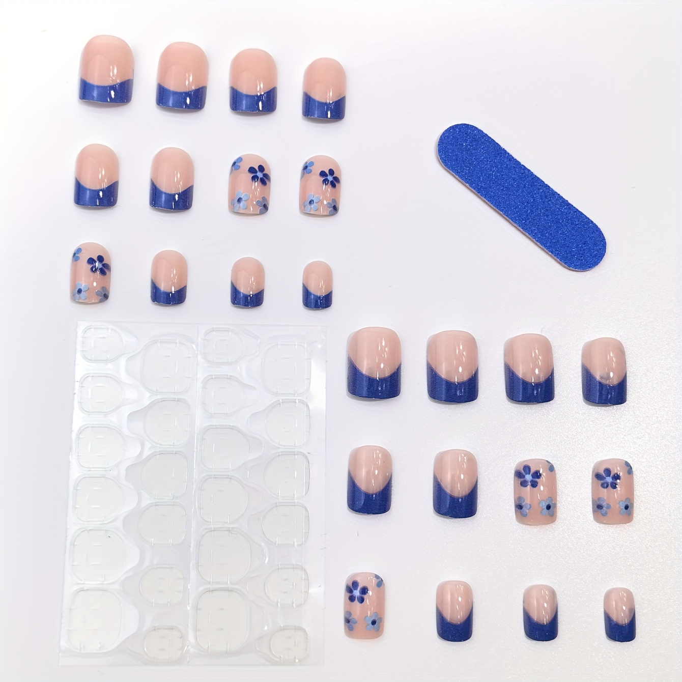 24pcs set summer press on nails short square blue flower fake nail art cute acrylic nails blue french full cover sturdy nail stick on false nail tips nail stickers for women girls 1pc nail file and 1sheet adhesive tabs included for easter for easter details 4