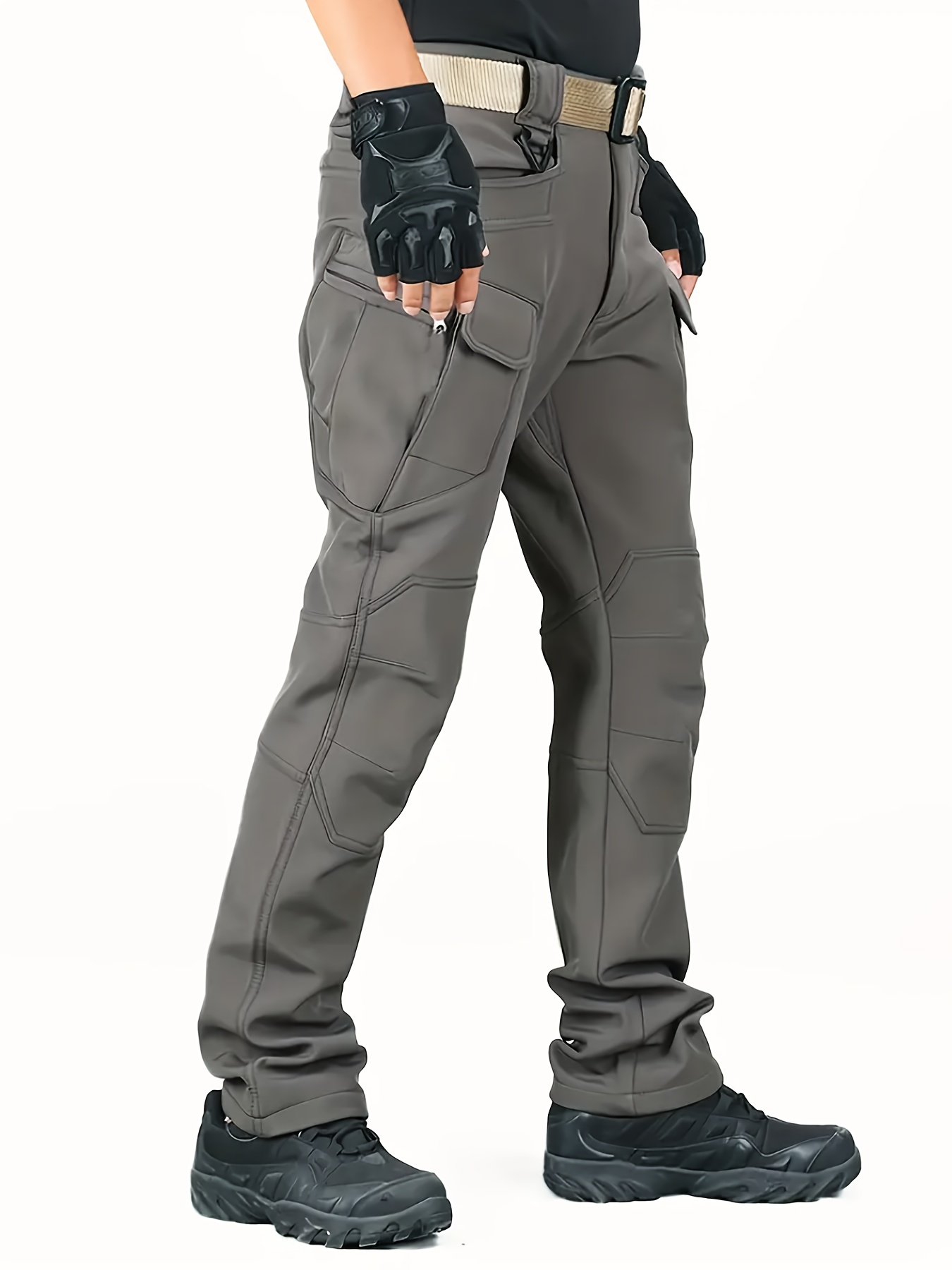 mens olive green windproof soft shell pants with fleece lining multi pocket polyester spandex blend for hiking cycling weatherresistant pants regular fit pants softshell hiking gear details 13