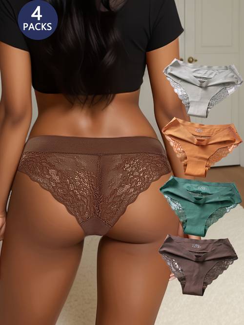 4 pack ice fiber fabric womens seamless lace sheer solid color with contrast lace details