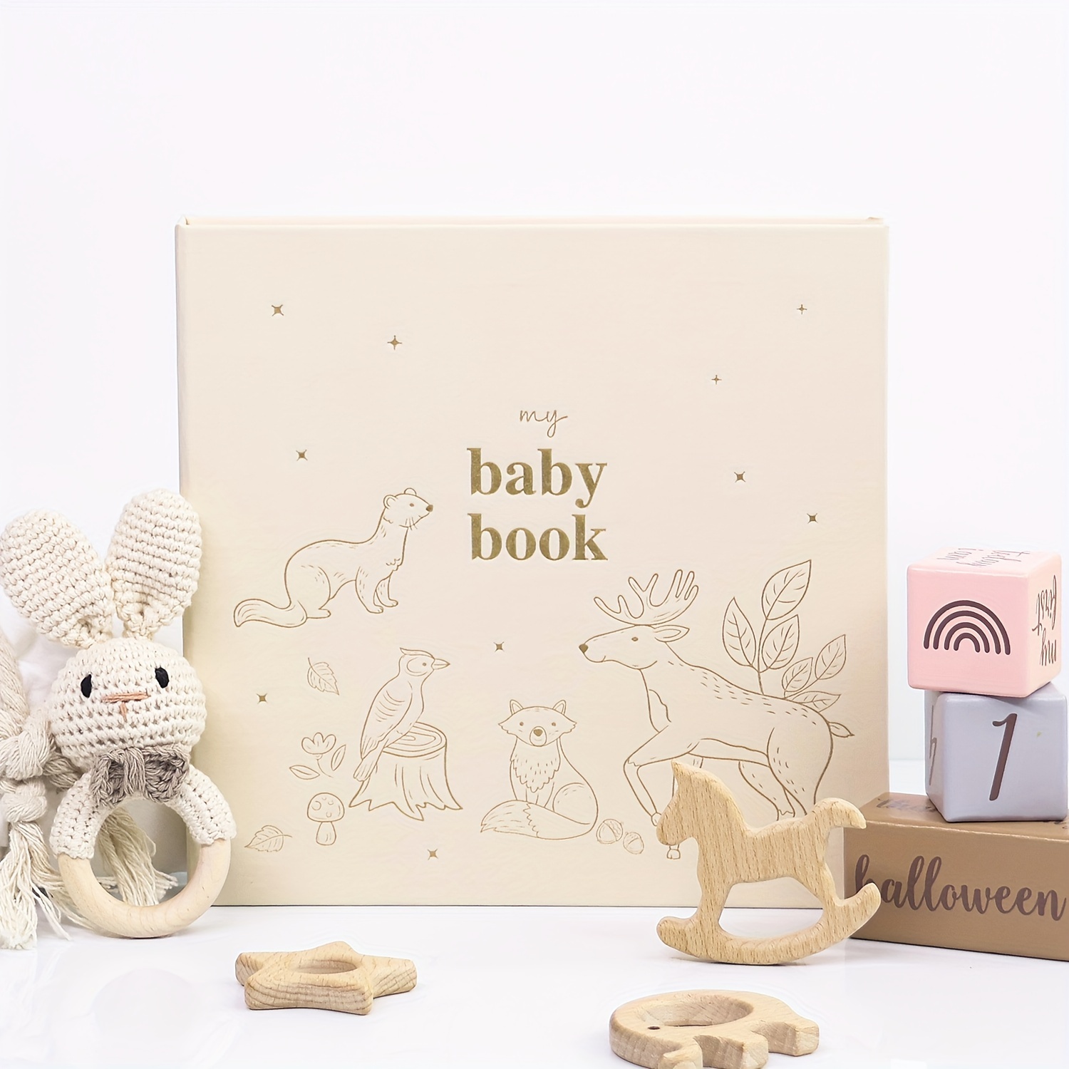 

Linens Cover With Memory Book Hidden Coil Binding 140gsm Weight Paper Linen Animal Book With 4 Special Paper Pockets And 12 Months Milestone Non-woven