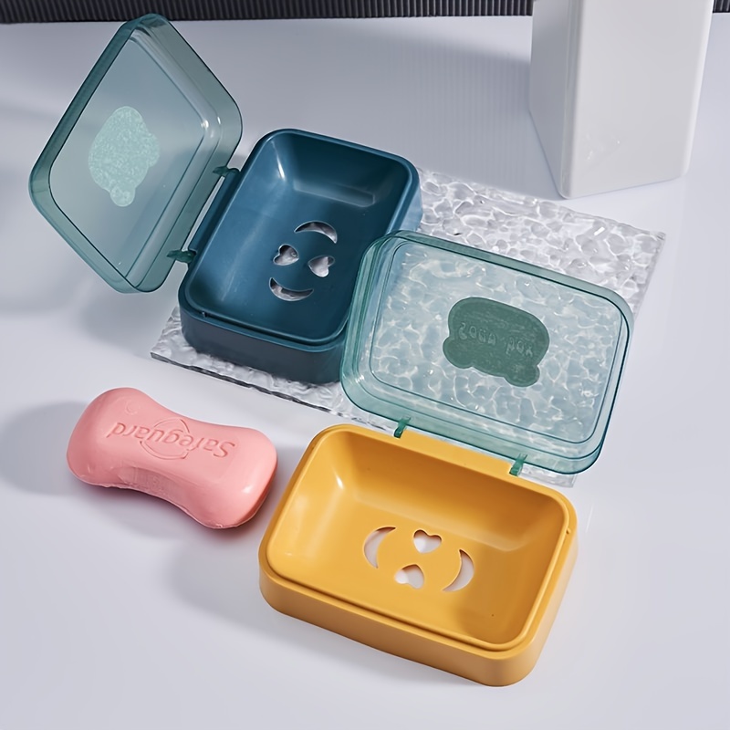 

1pc Shai Portable Soap Dish With Lid - Plastic, Rectangular Travel- Holder In Teal, Green, Yellow - "love You Soap" Design, Bathroom &