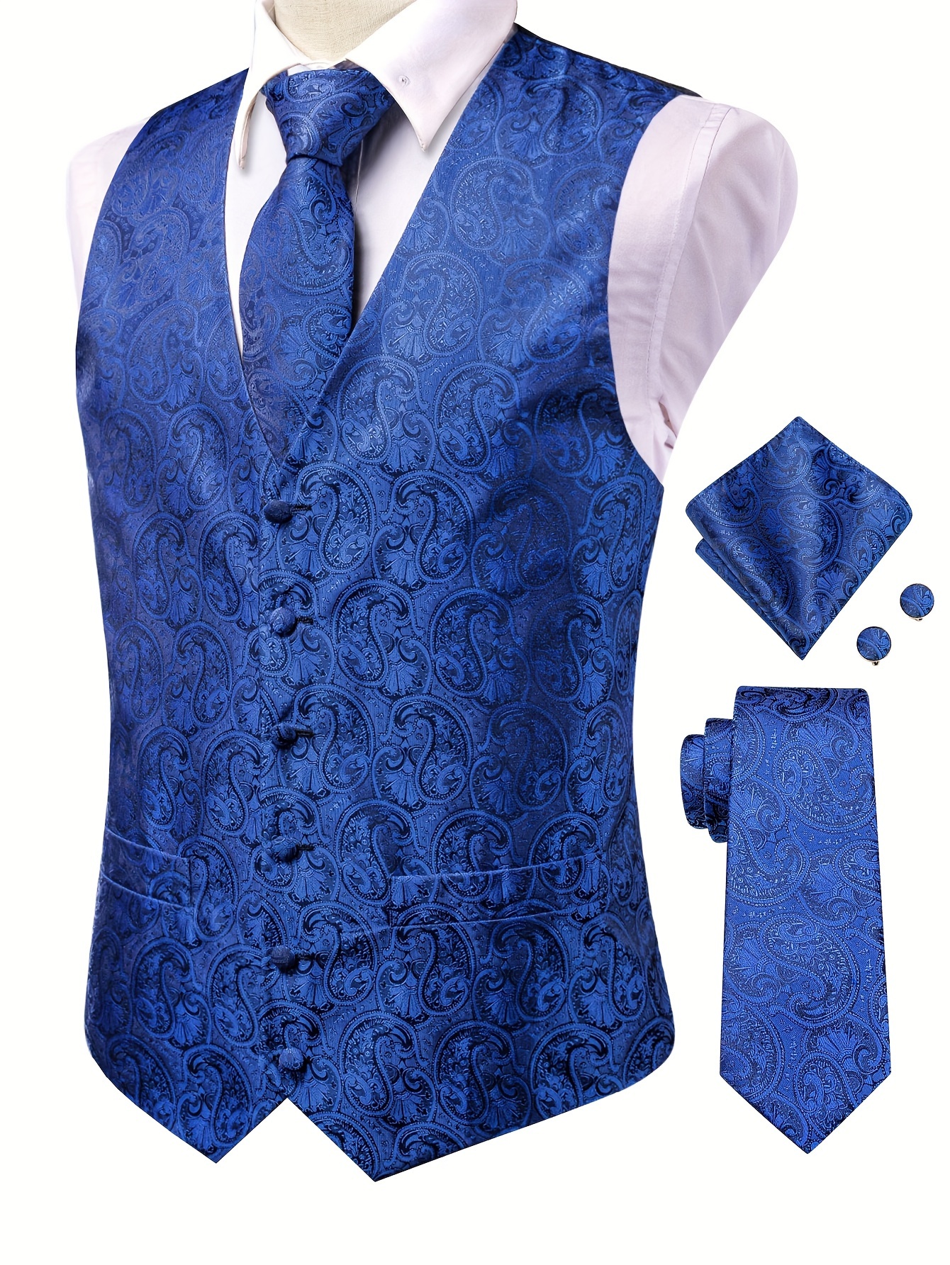 Men'S Elegant V-Neck Polyester Vest Set with Tie, Handkerchief & Cufflinks for Wedding Party - All-Season Motif Cachemire Pattern, Regular Fit, Woven Fabric, Button Detail