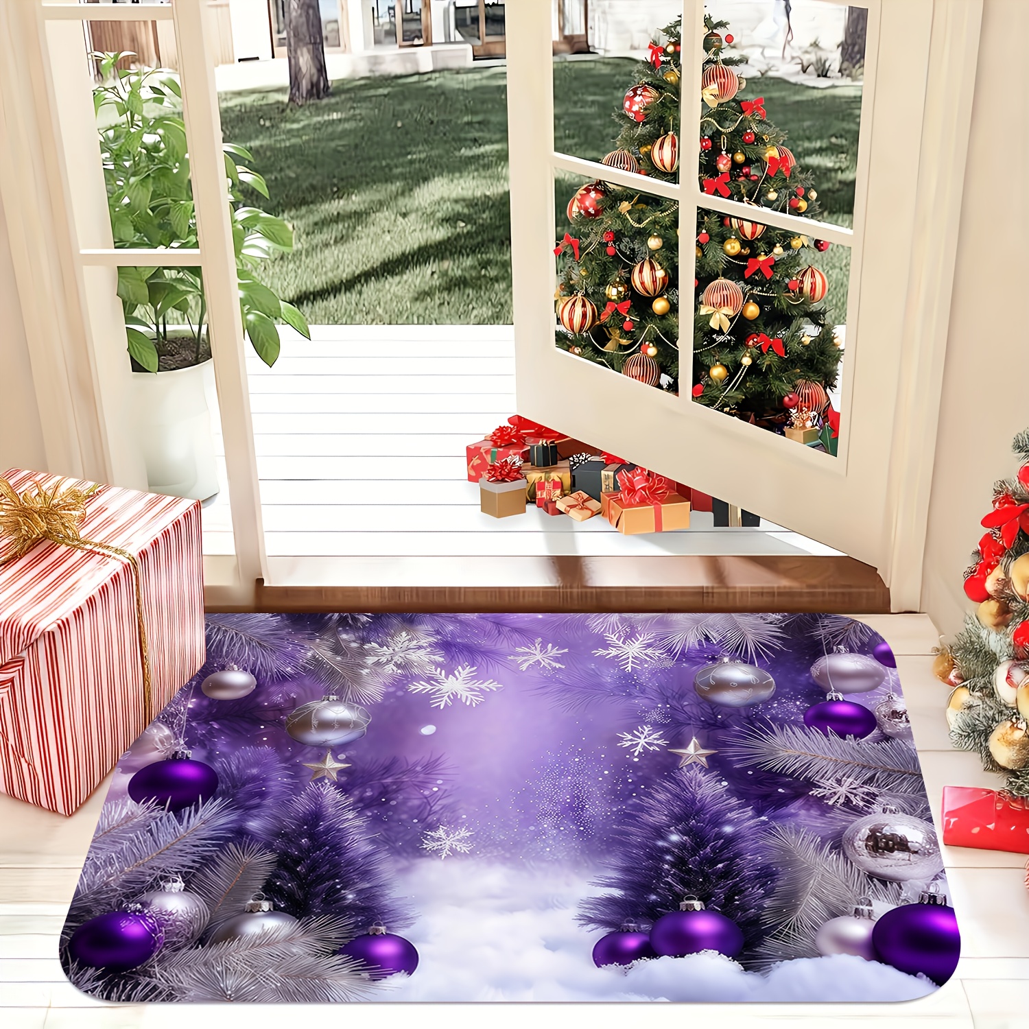 TEMU 1pc Purple Themed Christmas Element Pattern Printing Floor Mat For Home Entrance, Christmas Decorations For Home, Soft Bedroom Bedside Rug, Wash