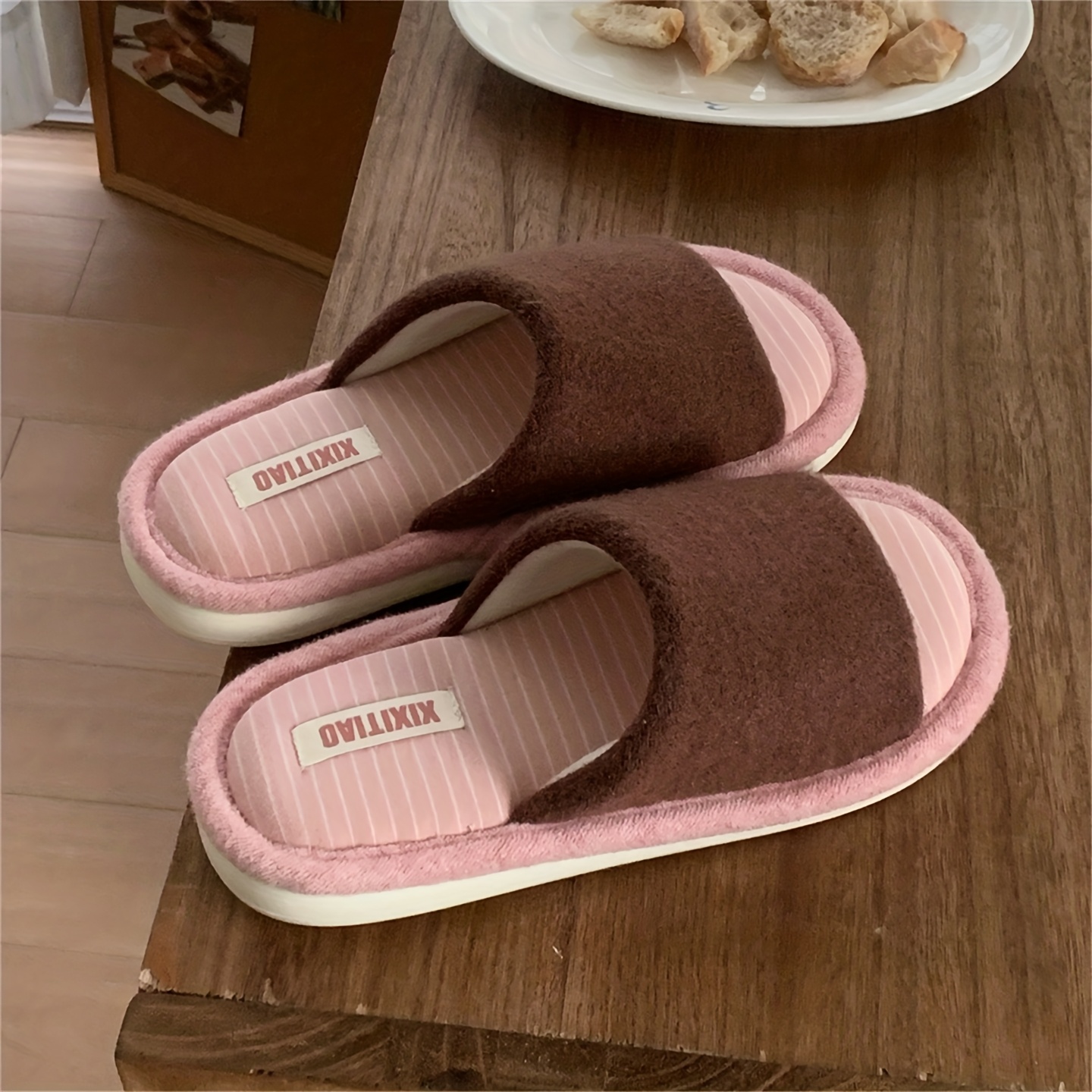 TEMU XIXITIAO Pantoufles d'intérieur japonaises unisexes à rayures et blocs de couleur vintage pour /hiver, chaussons à enfiler pour couple,
