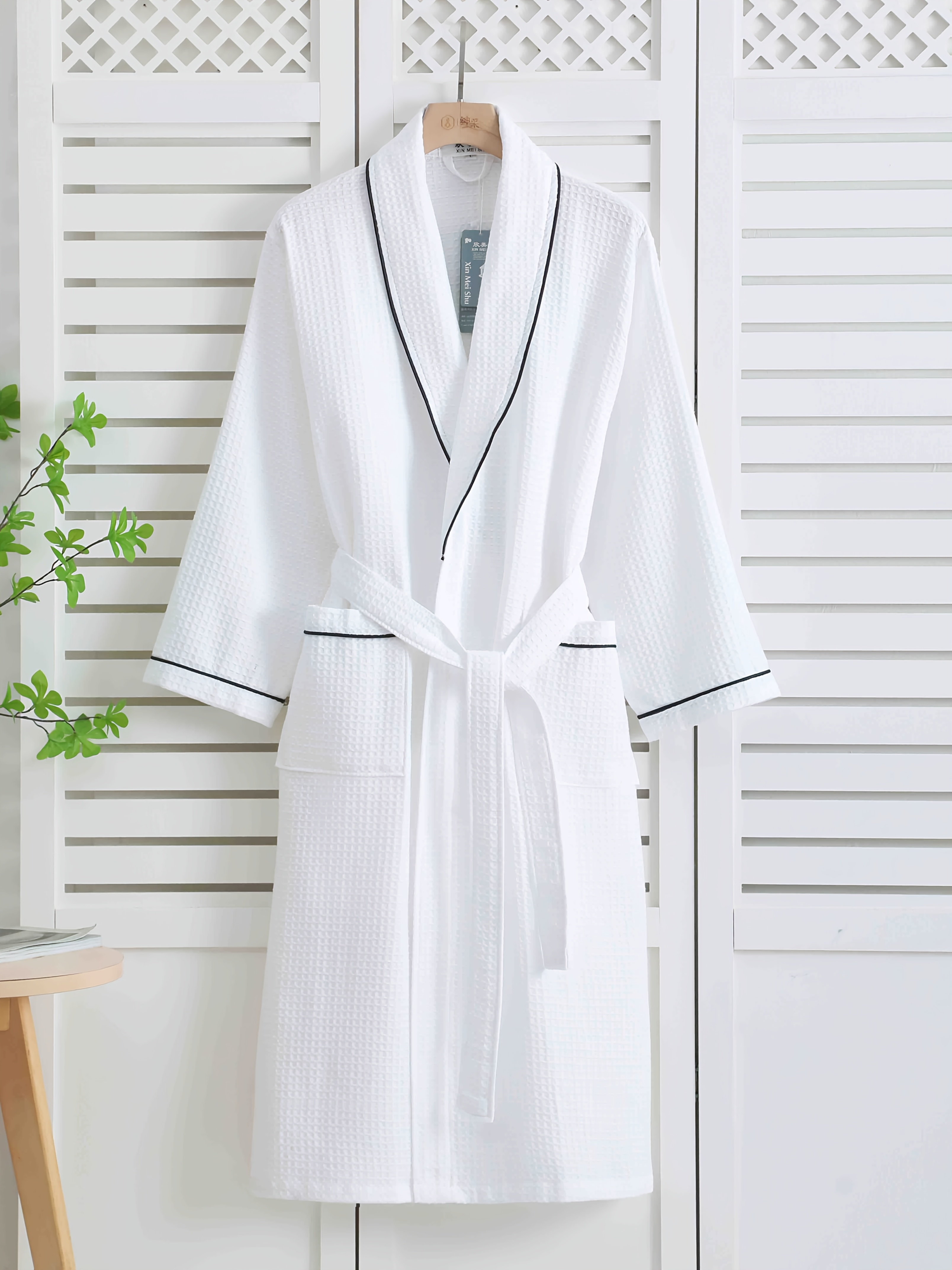   100 cotton waffle weave bathrobe lightweight absorbent long sleeve robe with adjustable belt classic collar solid color unisex couples spa robe for   unisex bathrobe casual loungewear soft texture robe plus size