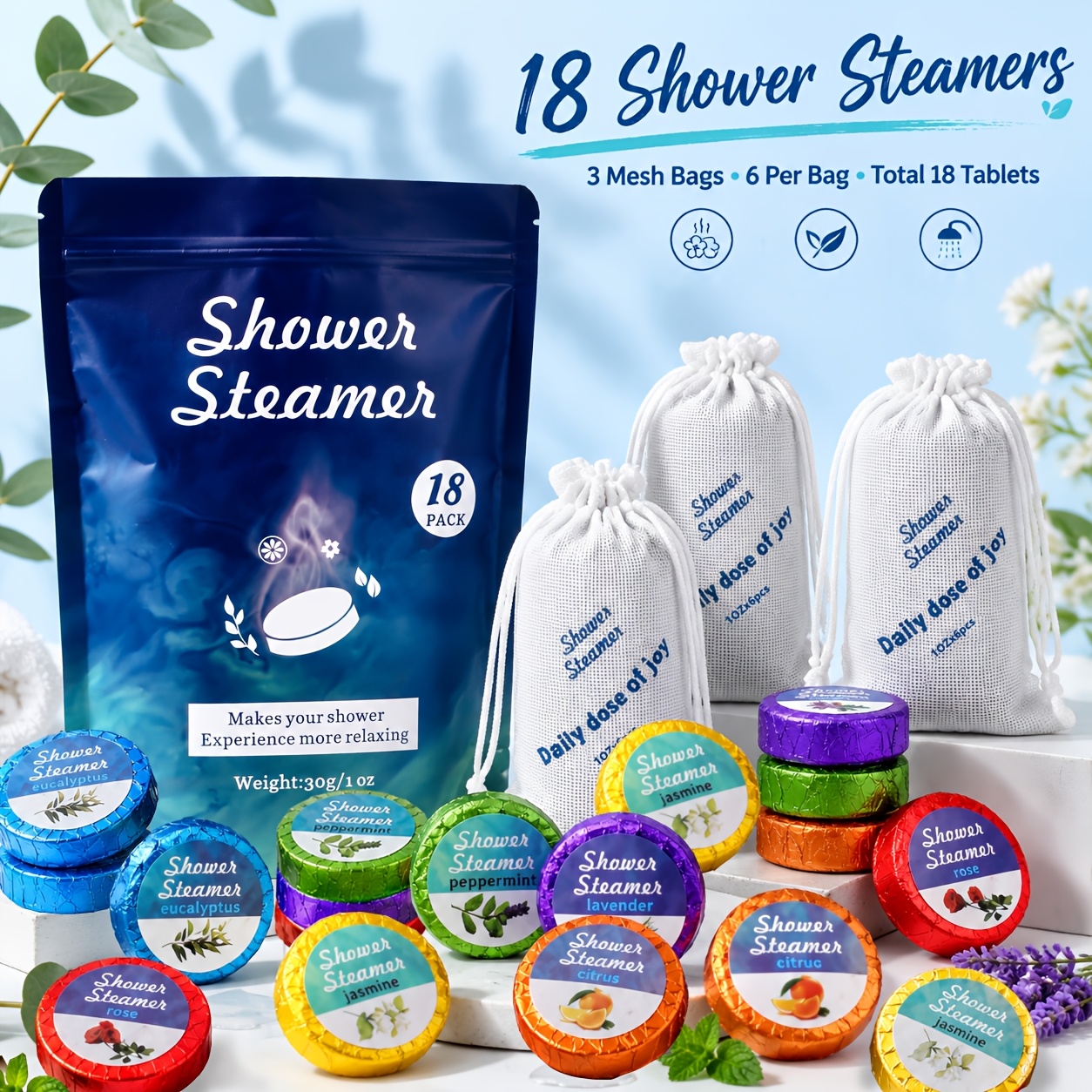 Image of 18pcs Shower Steamers Gift Set With Essential Oils - Eucalyptus, Rose, Jasmine, Citrus, Peppermint, Lavender, Home Spa For Necessities, Birthday Gifts, And Perfect For Halloween And Christmas Gifts