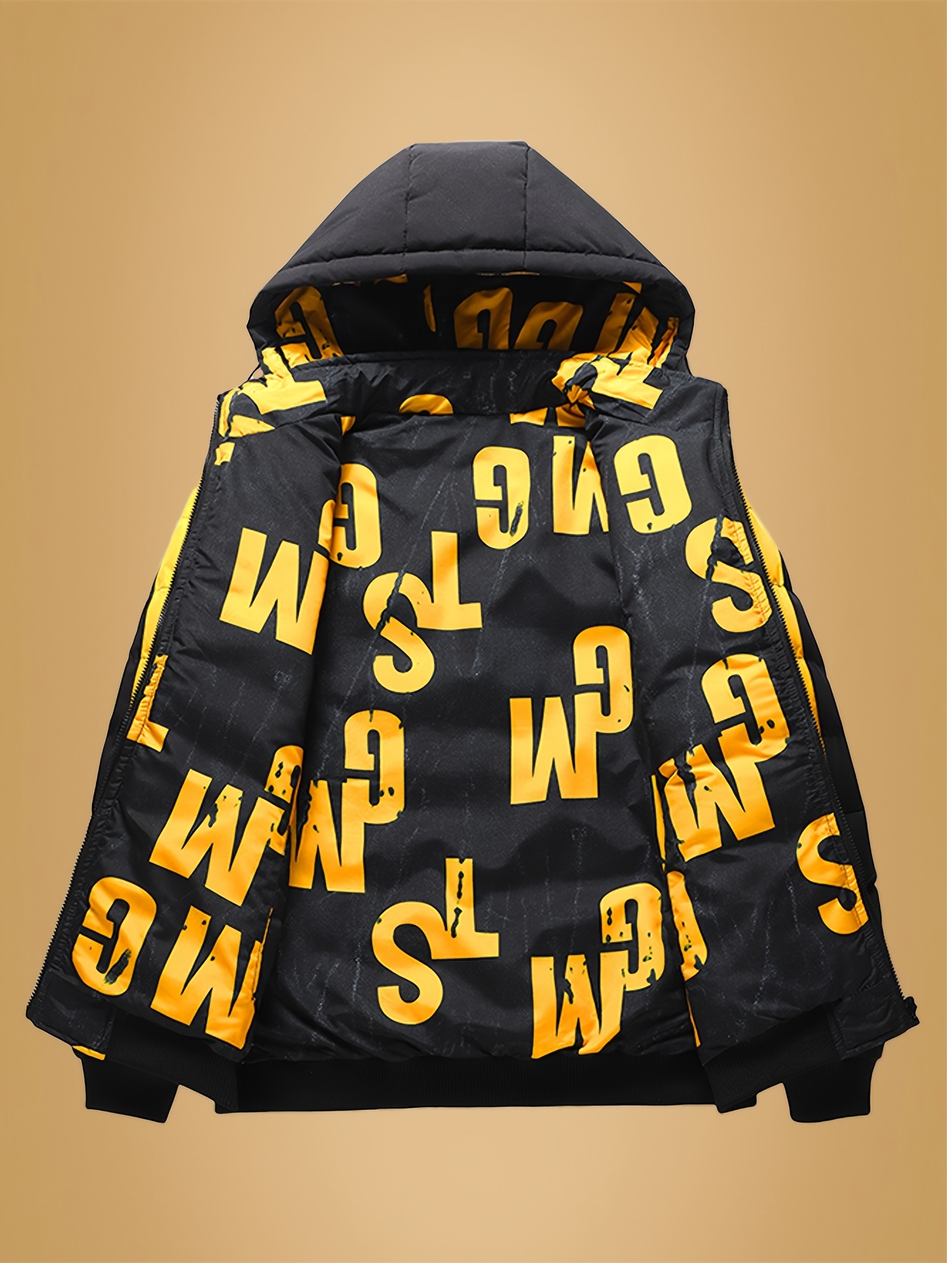 Heren Winterjas met Afneembare Capuchon - Tweekleurige Gele & Volledig met Rits Capuchonjas, Voering, Casual Stijl, Regular Fit, Zakken aan de Voorkant, Casual Bovenkleding