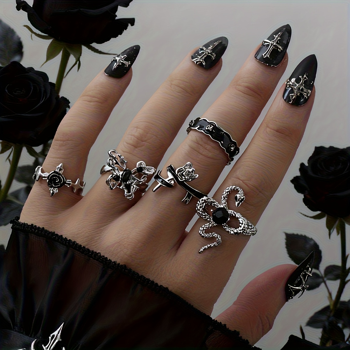 E-shop 5-teiliges Set Legierung Ölgemälde-Strassstein-eingelegtes Ringset, Vintage eleganter Schlangenring, dunkles Gothic-Ringset,
