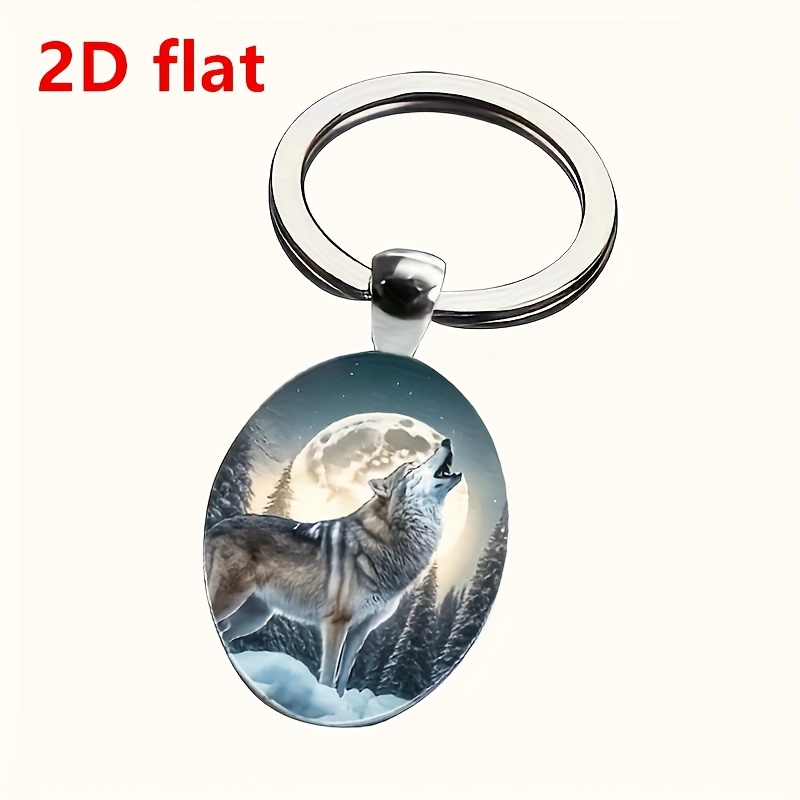 TEMU A Stylish 2d Flat Wolf Pattern Oval Glass Alloy Keychain, Suitable For Men And Women, Perfect As A Gift For Weddings, Birthdays, Graduations, Holidays, Parties, Anniversaries