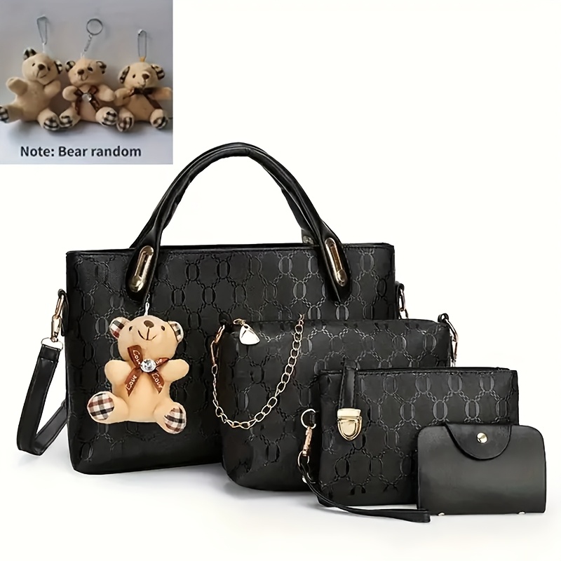 TEMU 4pcs Set Of Fashionable Women's Handbags With Cute Bear Charms, Perfect For Daily Commuting - Large Capacity Bags - 2025 New Style