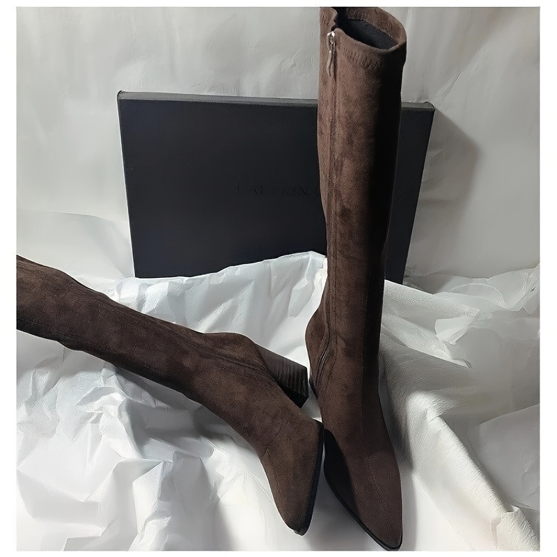 TEMU Retro Easy Style Women's Pointed Toe Stretch Fabric Over-the-knee Boots With Side Zipper For Easy , Elastic Shaft To Embrace Different Leg