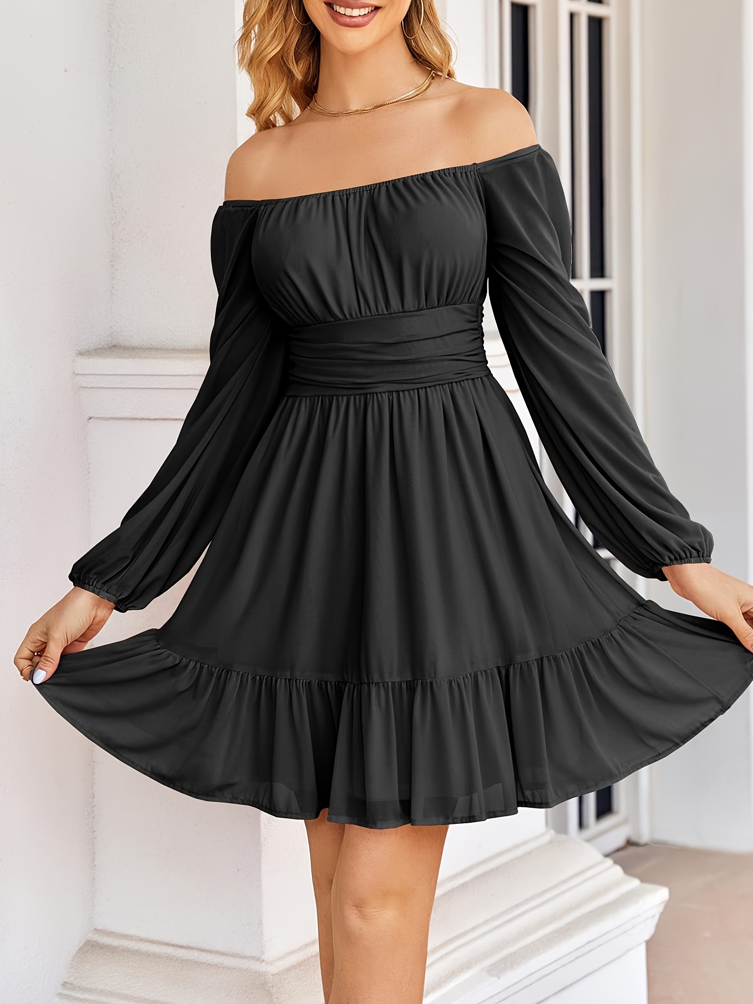 casual long sleeve mini dress Fall Long Sleeve Mini Dress with Flower Print – Victoria Ronaldo main image 1