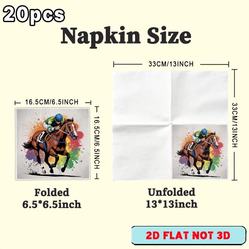 TEMU 20pcs 2d Flat Vibrant Horse Print Napkins, Colorful Equestrian Design With And Horse, Vivid Horse Racing Tabletop Photo Props, Horse Race