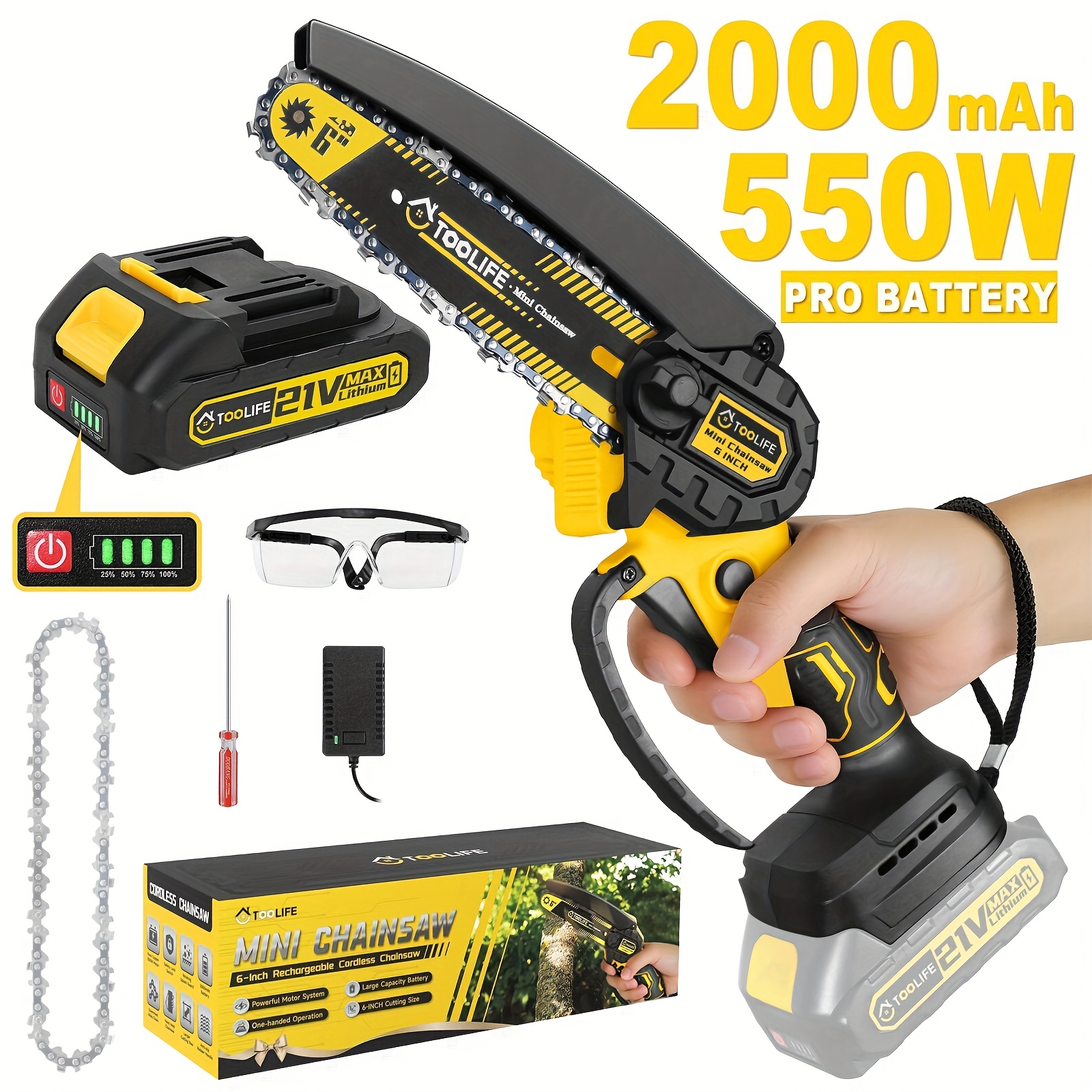 TEMU 6 And 10 Inch Cordless Chainsaw, Rechargeable With Safety Lock Auto System, Brushless Motor, Handheld Electric Battery Powered Chainsaw With 1/2