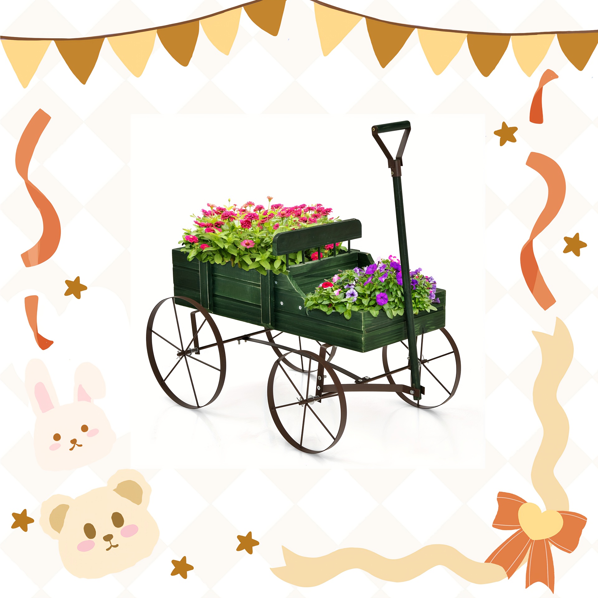 

Goplus Wooden Garden Flower Planter Wagon Plant Bed W/ Wheel Garden Yard Green