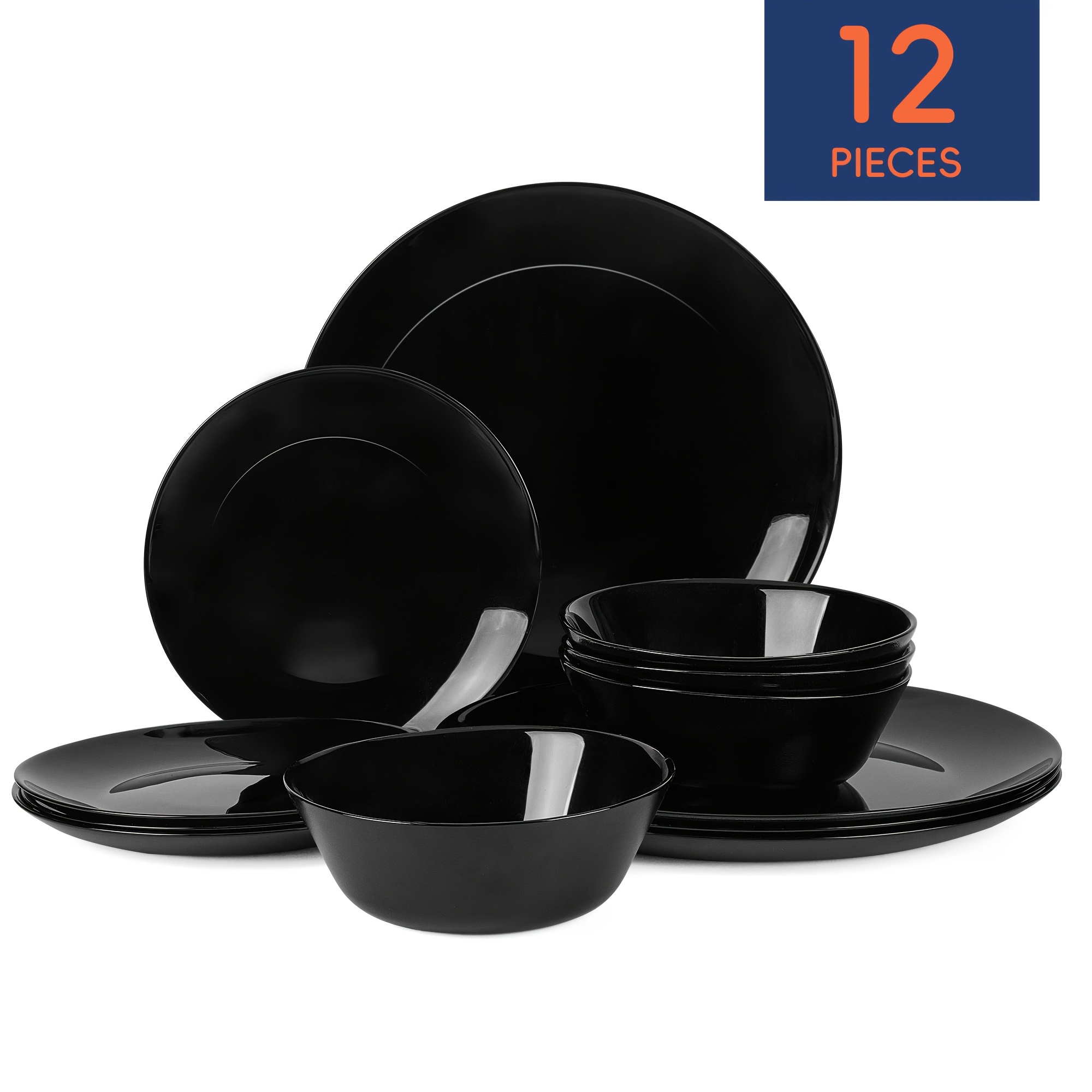 Image of 12pcs Lightweight Glass Dinnerware Set For 4 , Black And White Options Glass Tableware, Includes 26.7cm Dinner Plates, 19cm Salad Plates And 470ml Bowls, Microwave And Dishwasher Safe