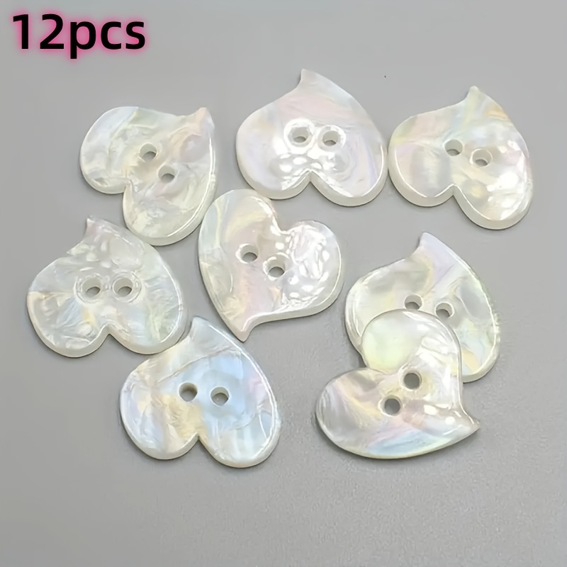 12pcs Iridescent Heart-shaped Buttons - Double-hole White Resin, Glossy Surface, Ideal For Sweater & Shirt Decorations, Diy Crafts & Sewing Supplies, Styles