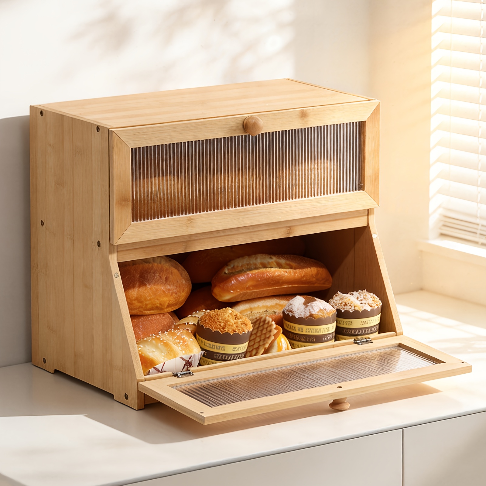 TEMU Contenitore per in bamb羅 con ribaltabile - portapane a per dispensa, piano di lavoro - Montaggio e pulizia facili, design minimalista , porta a