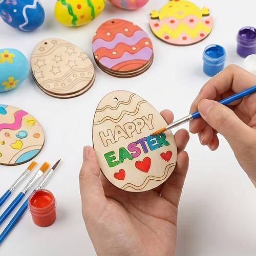 20pcs easter wooden assorted colored egg shapes blank wooden ornaments egg shaped blank wood pieces 10 wood pieces and 10 ropes easter hanging ornaments crafts