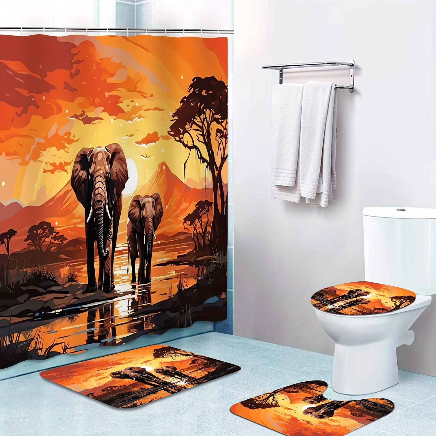 

1/4pcs Sunset Elephants Print Shower Curtain Set, Shower Curtain With 12 Hooks, Non-slip Bathroom Rug, Toilet U-shape Mat, Toilet Lid Cover Pad, Bathroom Decor, Shower Curtain Sets For Bathrooms