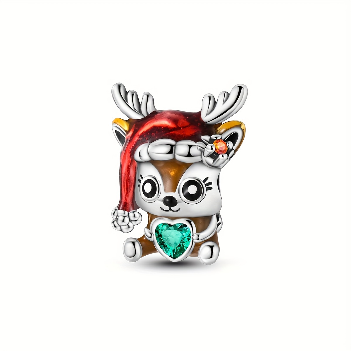 

Silvery-plated Zirconia Moose With Green Heart Charm - Perfect For Diy Bracelets & Necklaces, Ideal Christmas Gift, 2.25g