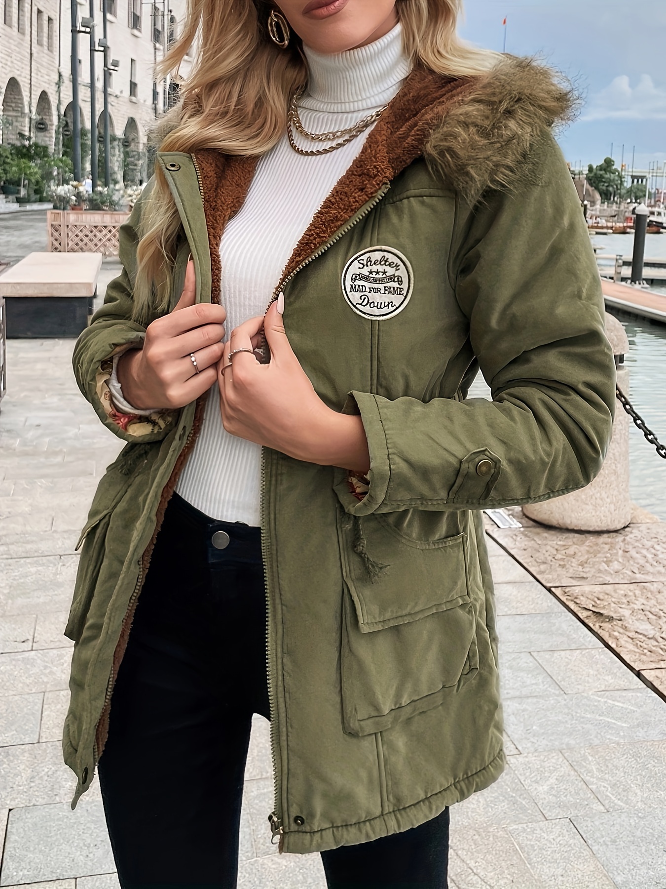 Chaqueta de invierno para mujer, abrigo midi cálido con múltiples bolsillos, cintura ajustable con cordón y capucha, color sólido casual, lavable a máquina, talla regular para clima frío, chaqueta de invierno, ropa exterior duradera - Imagen 4