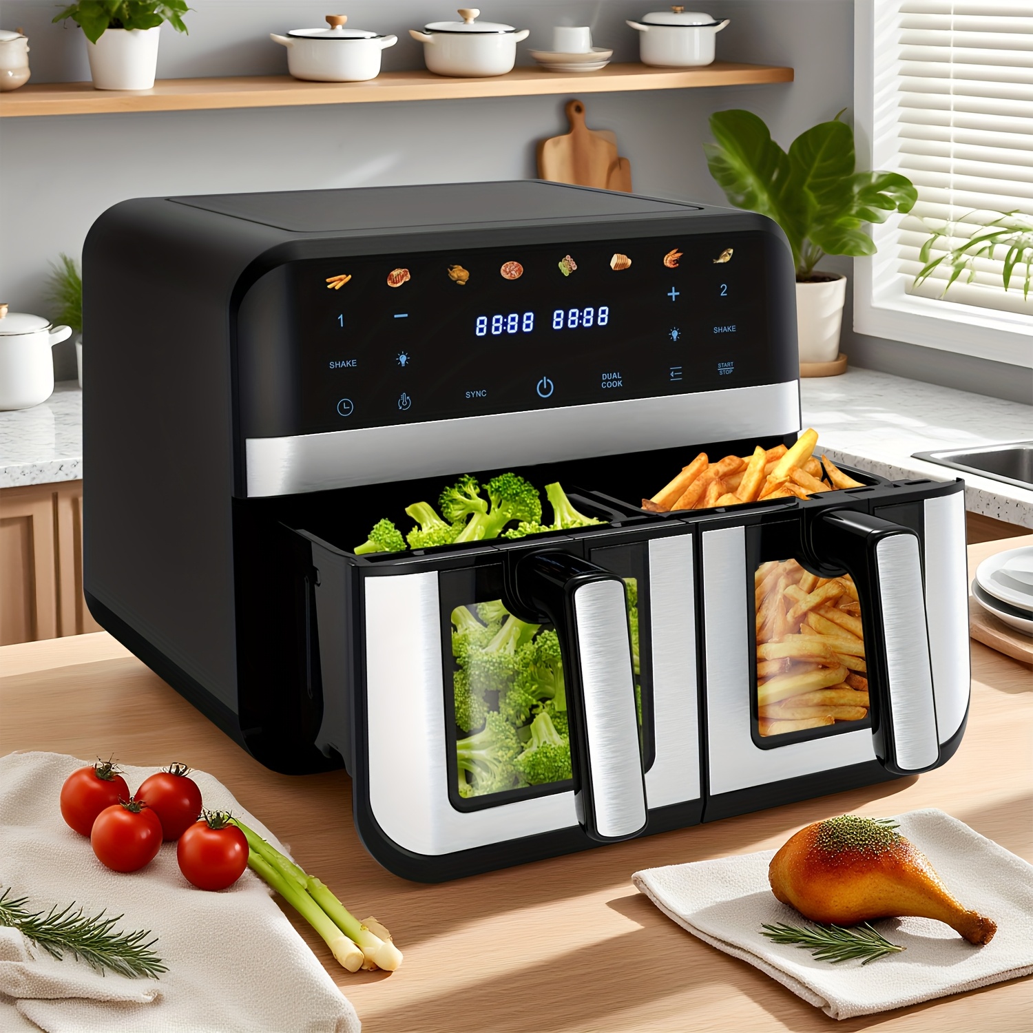 E-shop 9L Dual Air Fryer mit 8 Einheiten und -Fenstern, für die Zubereitung gesunder Mahlzeiten für Familien und Kinder, mit Dual-Körben, Sync-Kochen