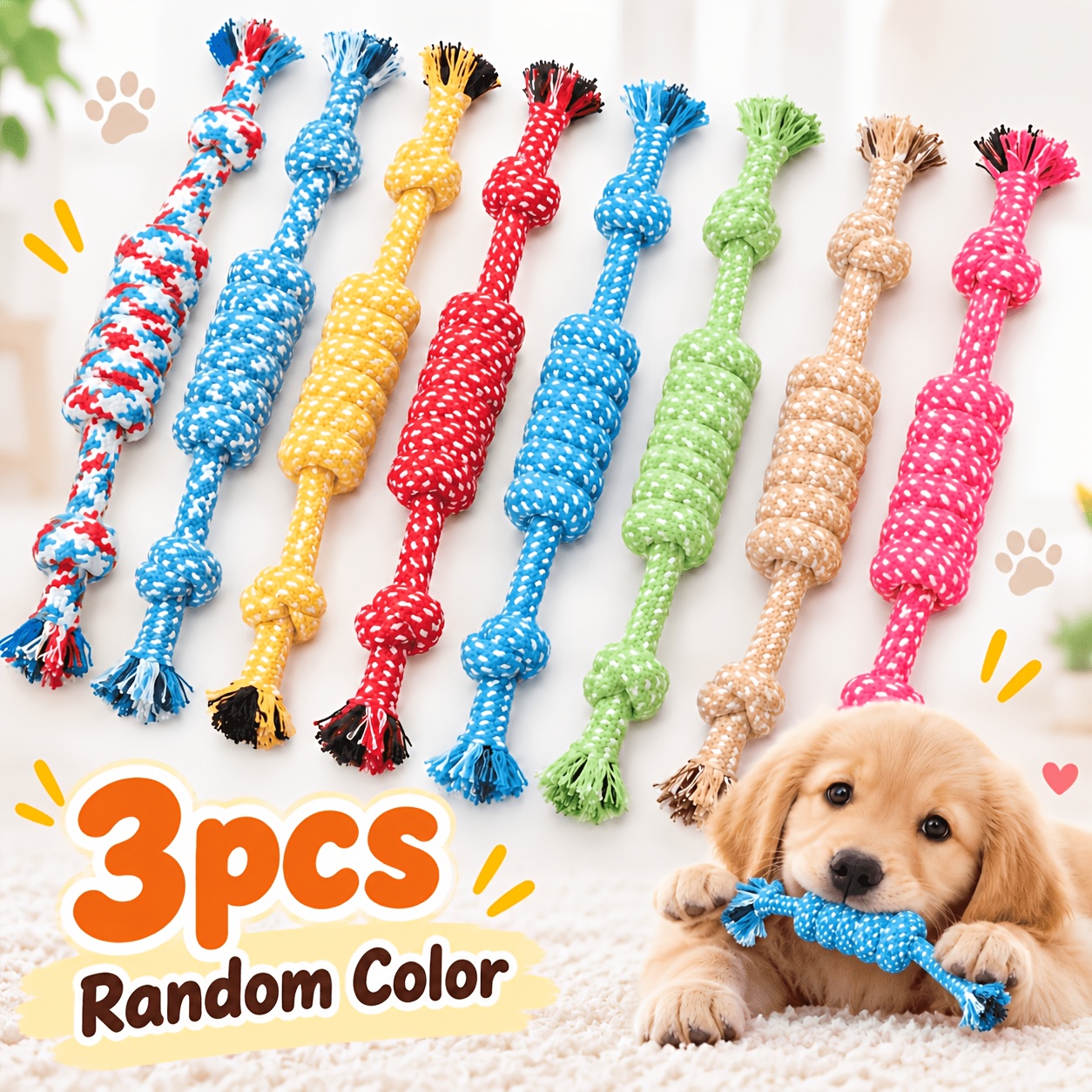 TEMU 3pcs Random Color Knot Braided Pet Chew Toy Set, Boredom Relief, , Suitable For Small Dogs, Pet Toys, Pet Chew Toys, Dog Rope Knot Toys