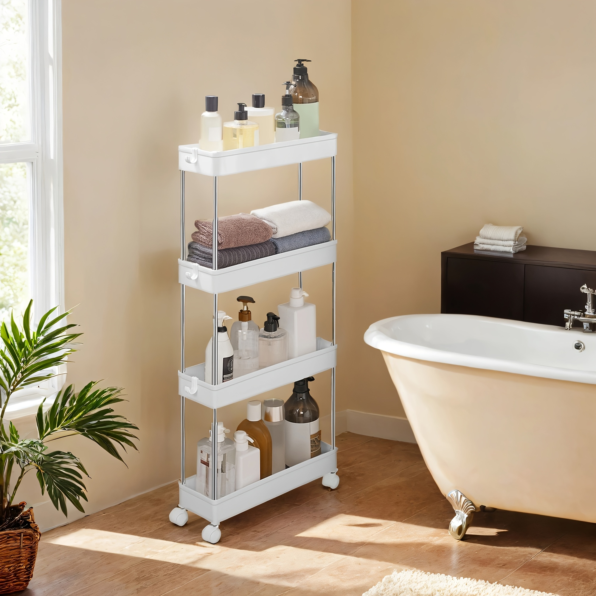 TEMU Un carrello contenitore su ruote con quattro ripiani, progettato per risparmiare ed per l'uso in soggiorno, cucina, bagno o ufficio, realizzato