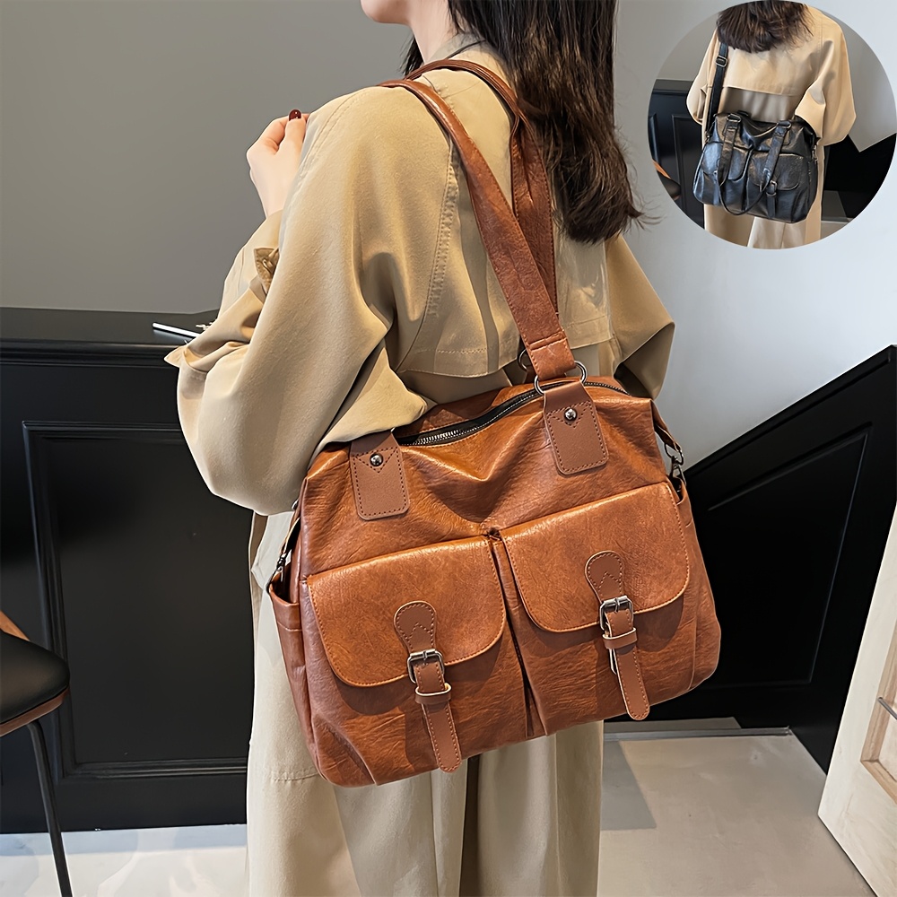 

1pc Vintage Korean Style Leather Tote Bag For Women, Large Capacity Casual Shoulder Bag With Adjustable Strap, Zipper Closure, Polyester , Fashionable Commuter Handbag