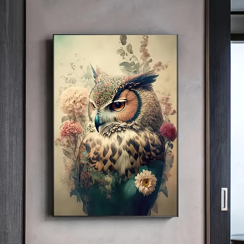 

1pc Vintage Flower Owl Canvas Paintings For Living Room Home Decor - Cute Animals Posters And Prints - Cat Wall Art, No Frame