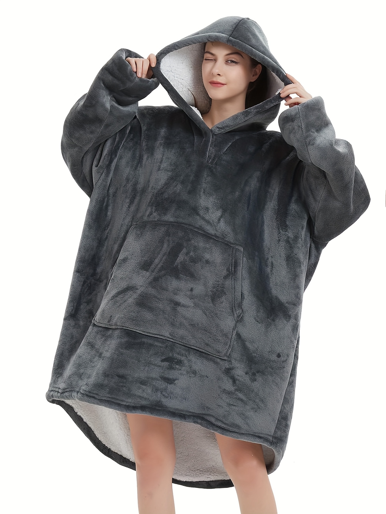 de salón con capucha forrada en polar para mujer -  , gruesa y de invierno con   largas y bolsillos 4