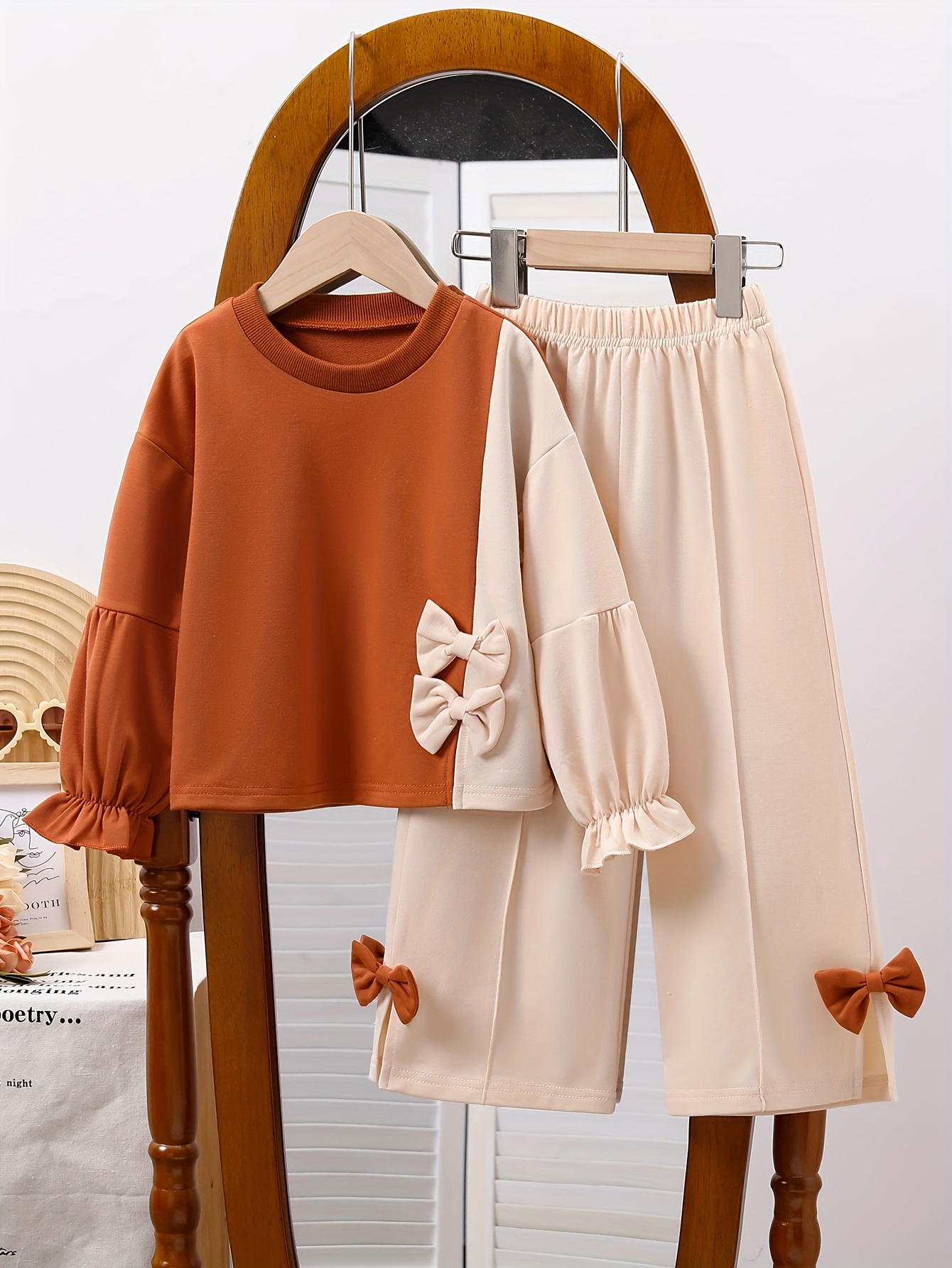 Adorable springfall outfit Bow Patchwork Two Piece Trousers Set with cute bow  butterfly design