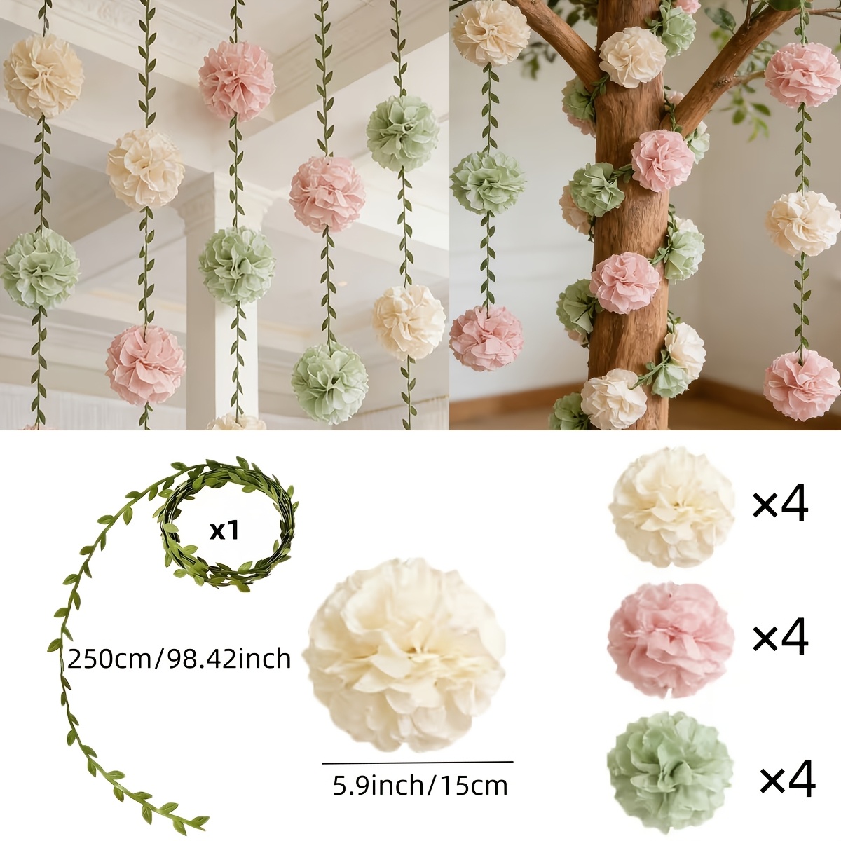 Image of 13pcs Green Pink Tissue Paper Pom Pom Garlands, Paper Flowers For Birthday Decorations, Wedding Engagement, Bridal Shower, Spring Summer Party Decorations, For Christmas, Halloween