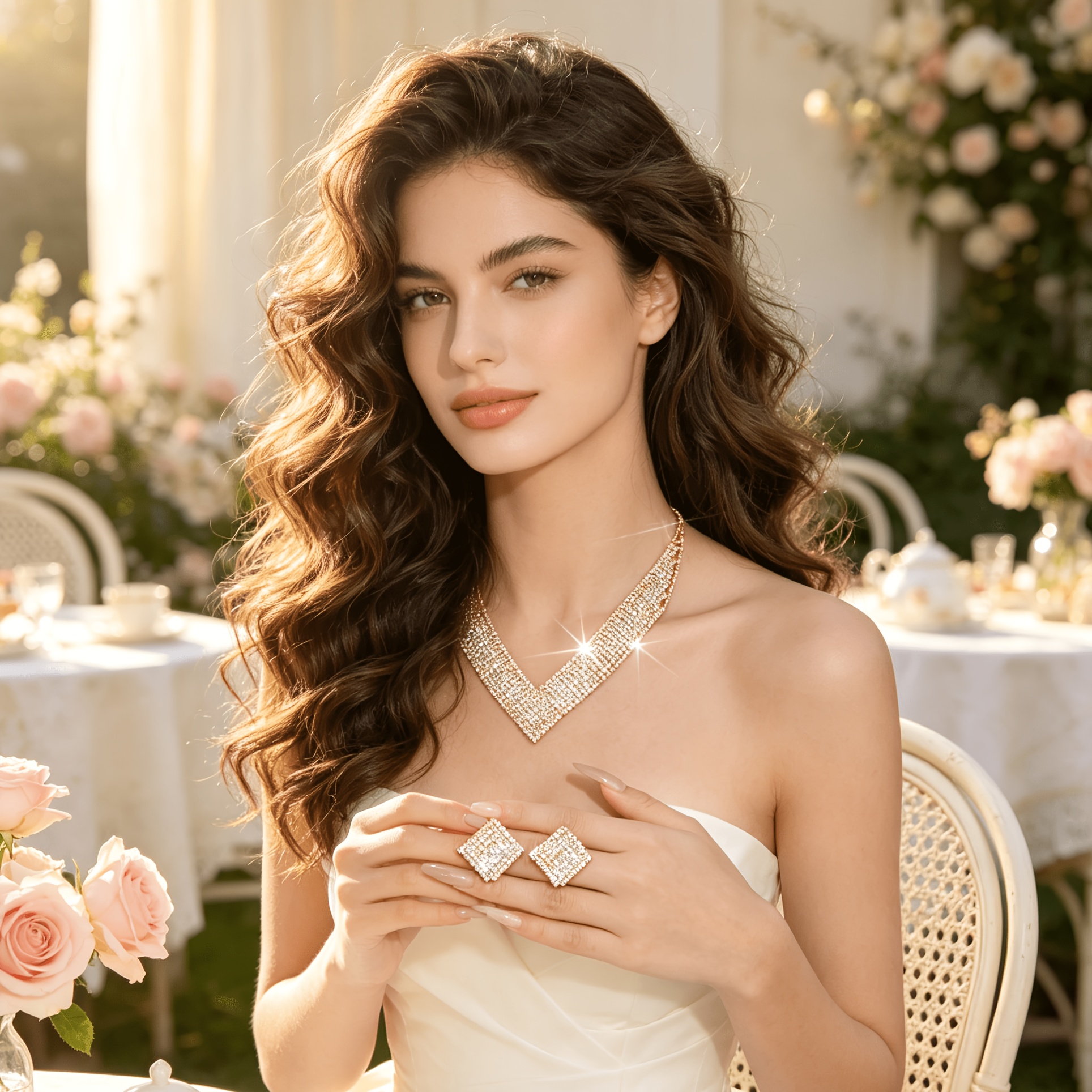 Women's French Elegant Rhinestone Necklace & Earrings Set
